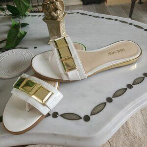 Nine West White Goldtone Flat Slip On Sandals 7M